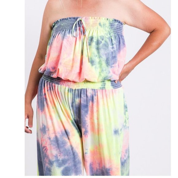 Plus Size Neon Tie Dye Cropped Wide Leg Jumpsuit - Picture 6 of 6